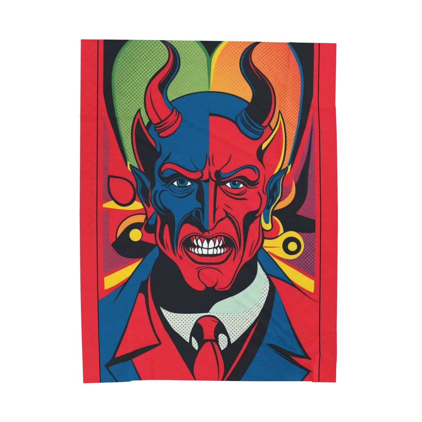 Vibrant Infernal Grin: Devil's Advocate Velveteen Blanket with bold, pop-art devil design for a striking home accent.