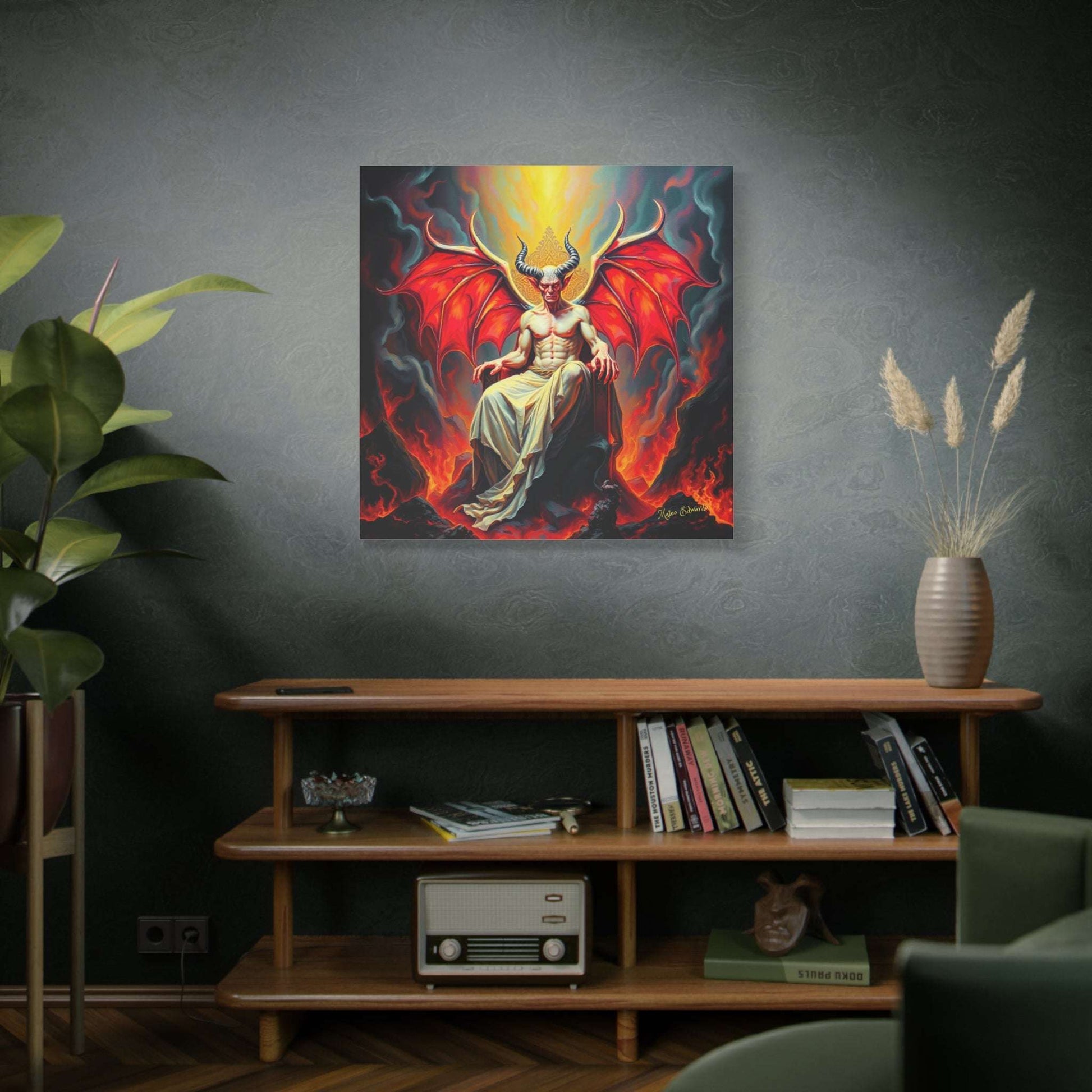 Scarlet Winged Tyrant: Blaze Crowned Ascension Gothic Art showcases a demonic figure with striking scarlet wings on a throne.