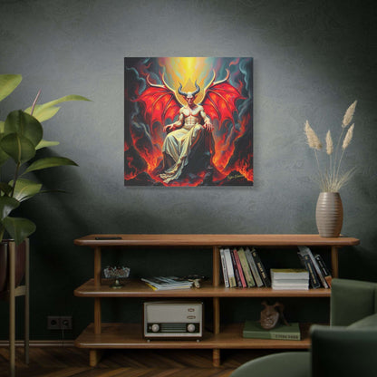 Scarlet Winged Tyrant: Blaze Crowned Ascension Gothic Art showcases a demonic figure with striking scarlet wings on a throne.