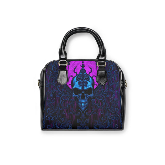Ornate Azure Skull: Baroque Shadow Shoulder Bag features a luminous blue skull against a violet backdrop with gothic design.