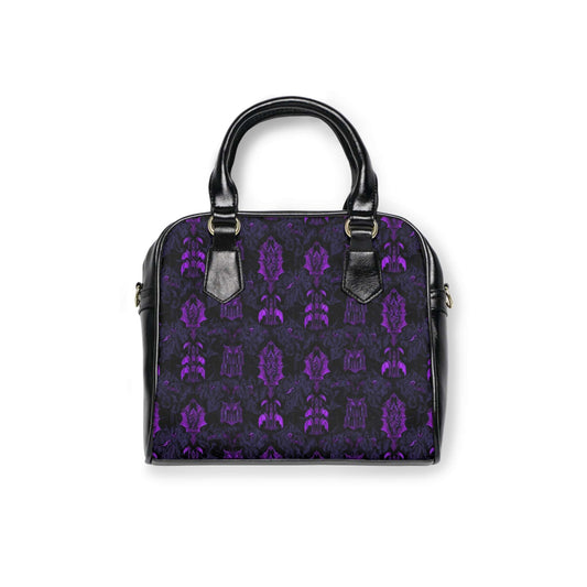 Elegant Violet Relic: Shadow Bloom Shoulder Bag features intricate violet blooms on a dark background, perfect for gothic style.