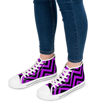 Bold Chevron Impact: Purple & Black high top sneakers showcase a striking design for modern gothic style enthusiasts.