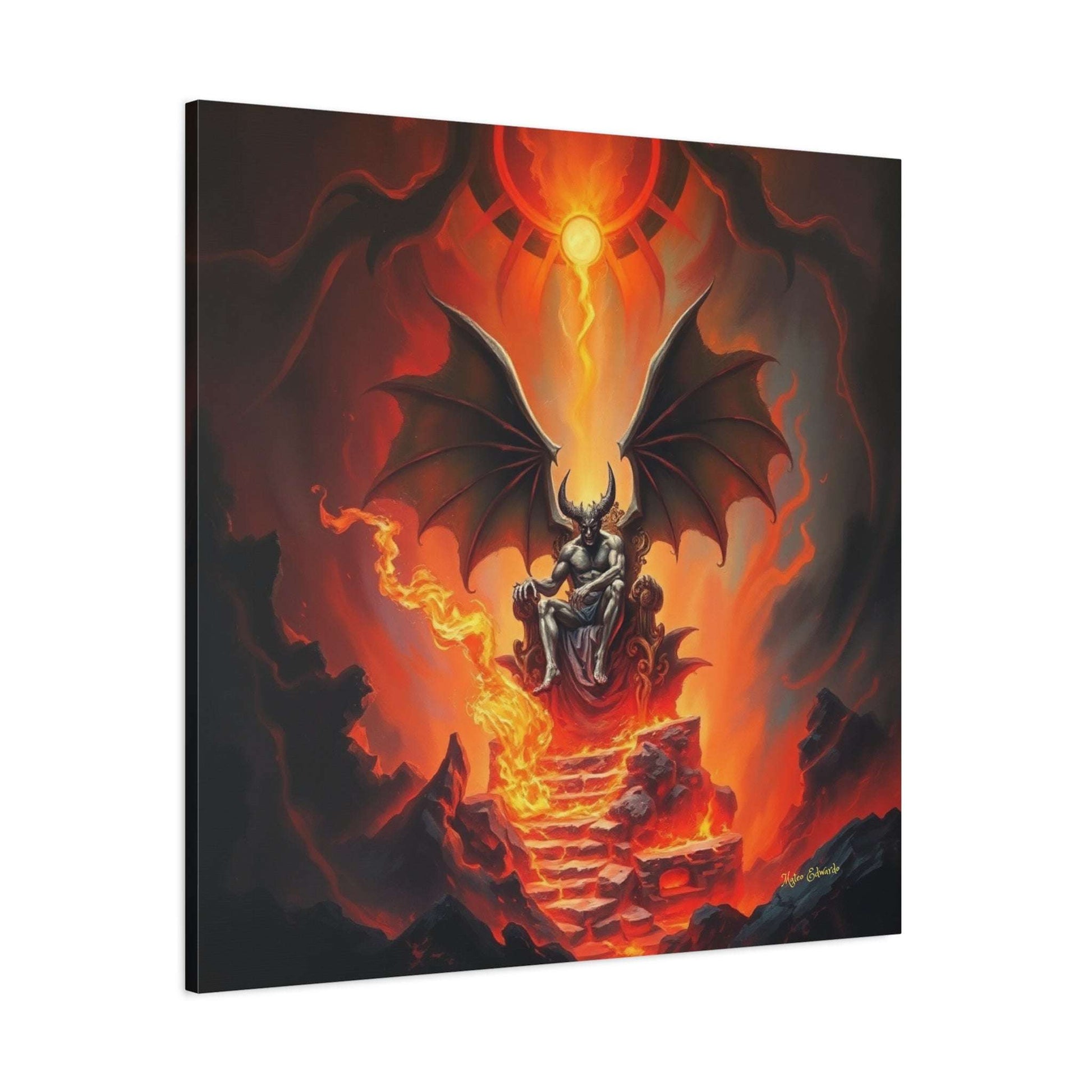 Demonic figure on a cinder throne with bat wings in Solar Tyrant: Cinder Throne Ascension Gothic Art. Perfect for dark decor.