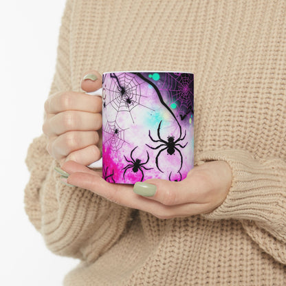 Stylishly designed, the Arachnid Web Shadow Ceramic Mug features intricate spider webs and shadowy arachnids.