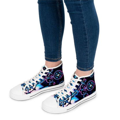 Stylish feet wearing Celestial Scroll: Gothic Art High Top Sneakers with intricate gothic art design. Perfect for unique fashion!