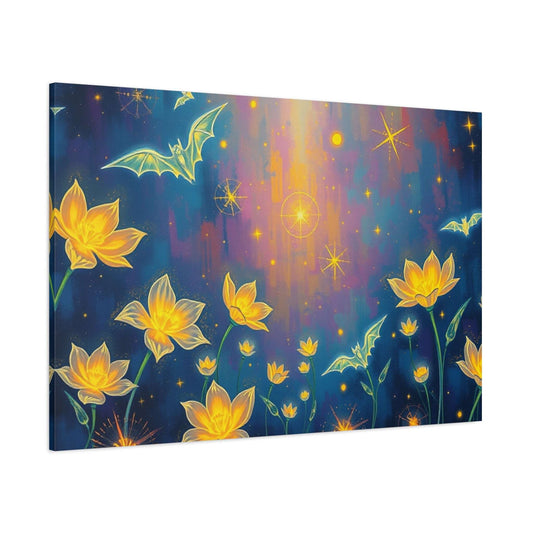 Enchant your space with Nocturnal Garden Stretched Canvas Art, featuring luminous flowers and ethereal bats in a mystical night.