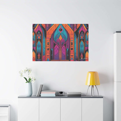 Transform your space with vibrant Gothic Portal Canvas Art featuring intricate stained glass designs and bold colors.