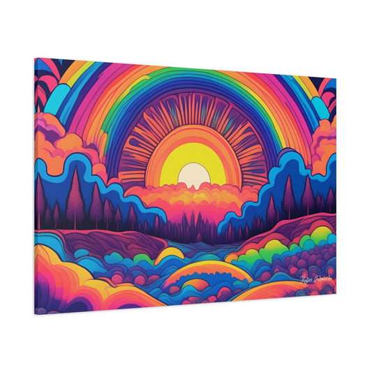 Vibrant Rainbow Radiance Pschyedelic Gothic Canvas Art brightens your space with surreal landscapes and colors.
