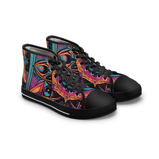 Kaleidoscope Gaze: Gothic Art High Top Sneakers showcase vibrant colors and intricate eye designs for gothic art lovers.