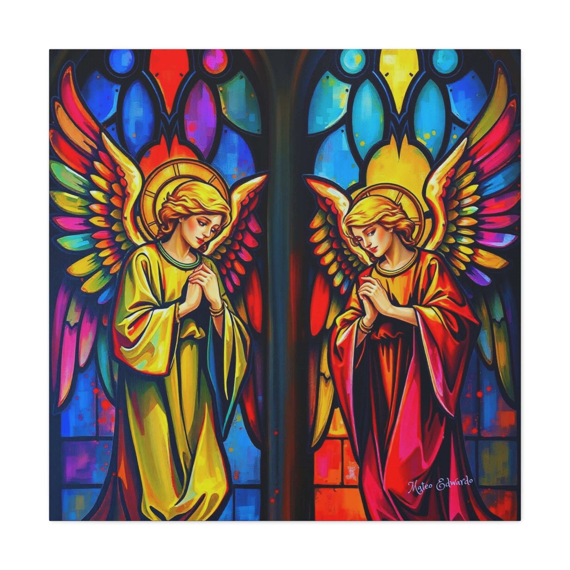 Dual Angelic Reverence Stained Glass Gothic Art showcases two angelic figures in vibrant, reverent poses.