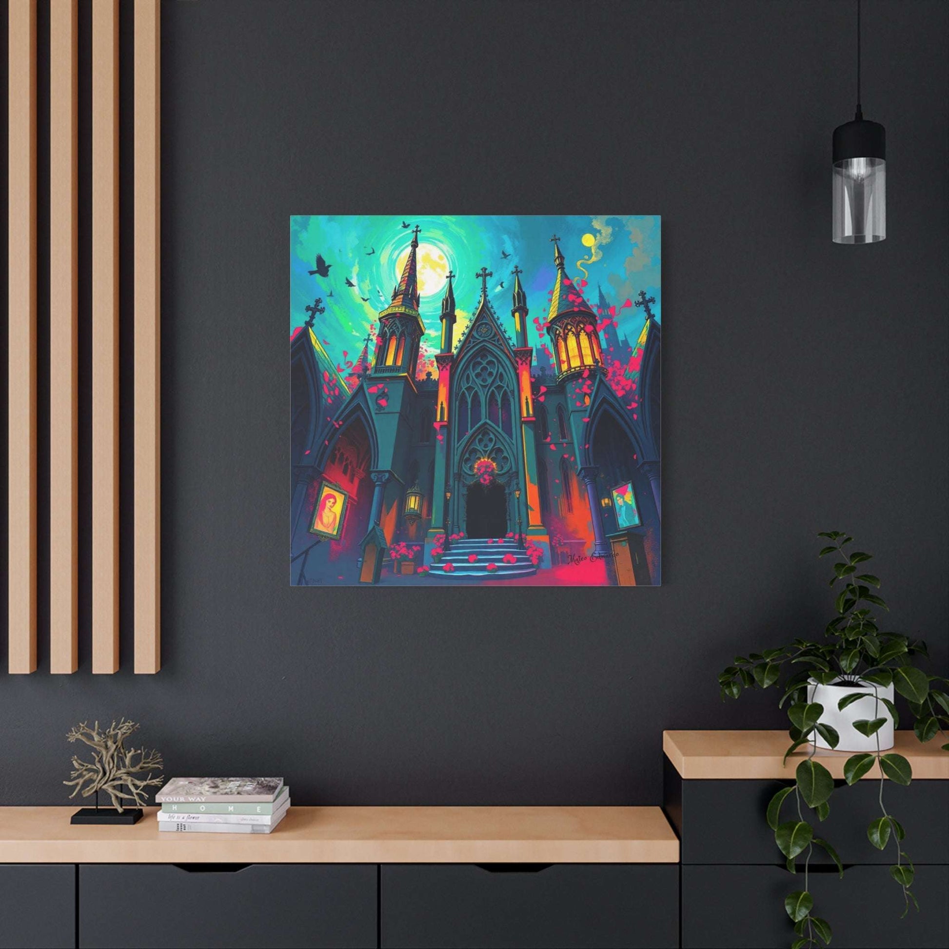 Vibrant Luminescent Apex: Chromatic Gothic Sanctuary Art displays a stunning gothic structure in rich colors.