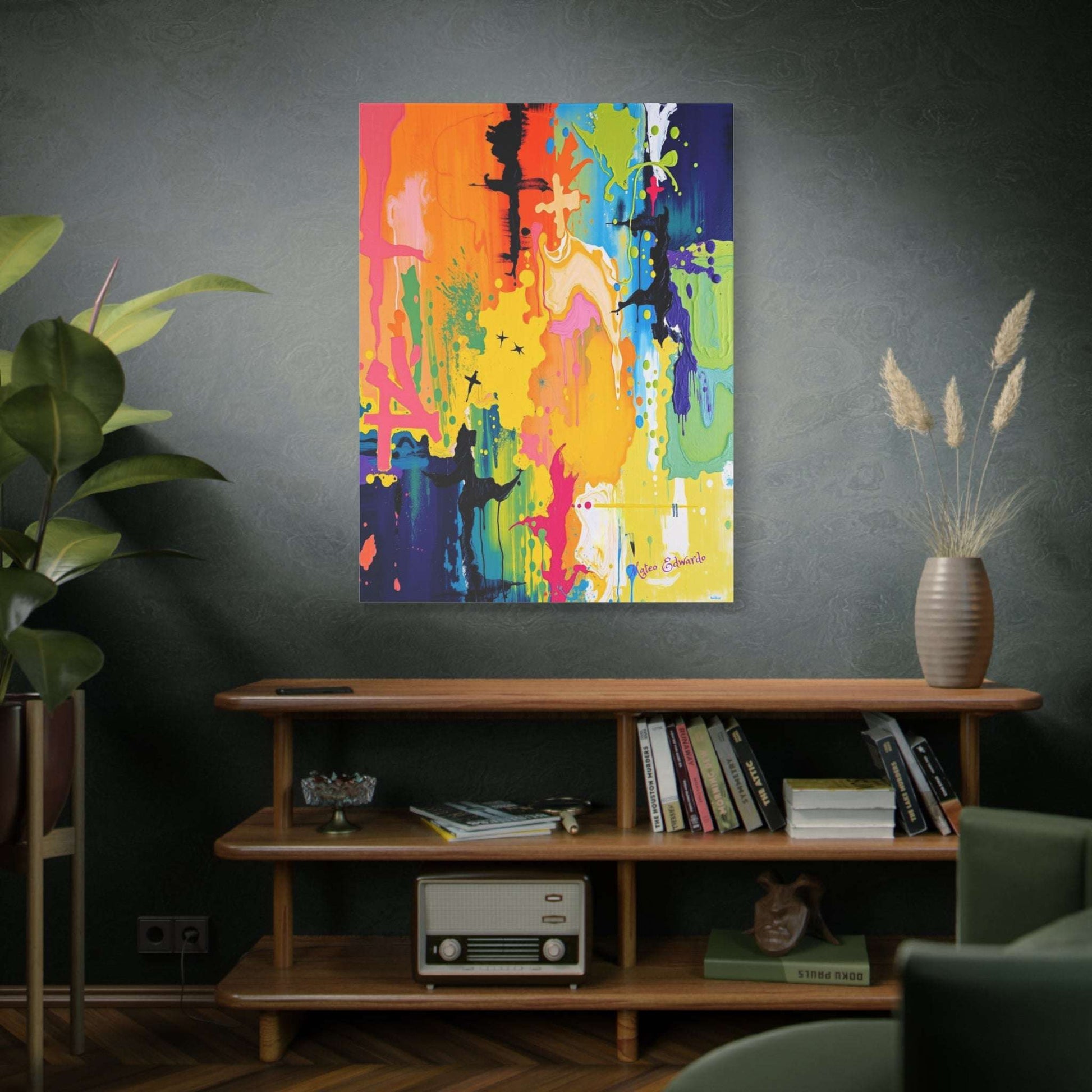 Bright, abstract design of FracturVivid Symbolism: Fractured Faith Canvas Art, featuring vivid colors and symbolic shapes.