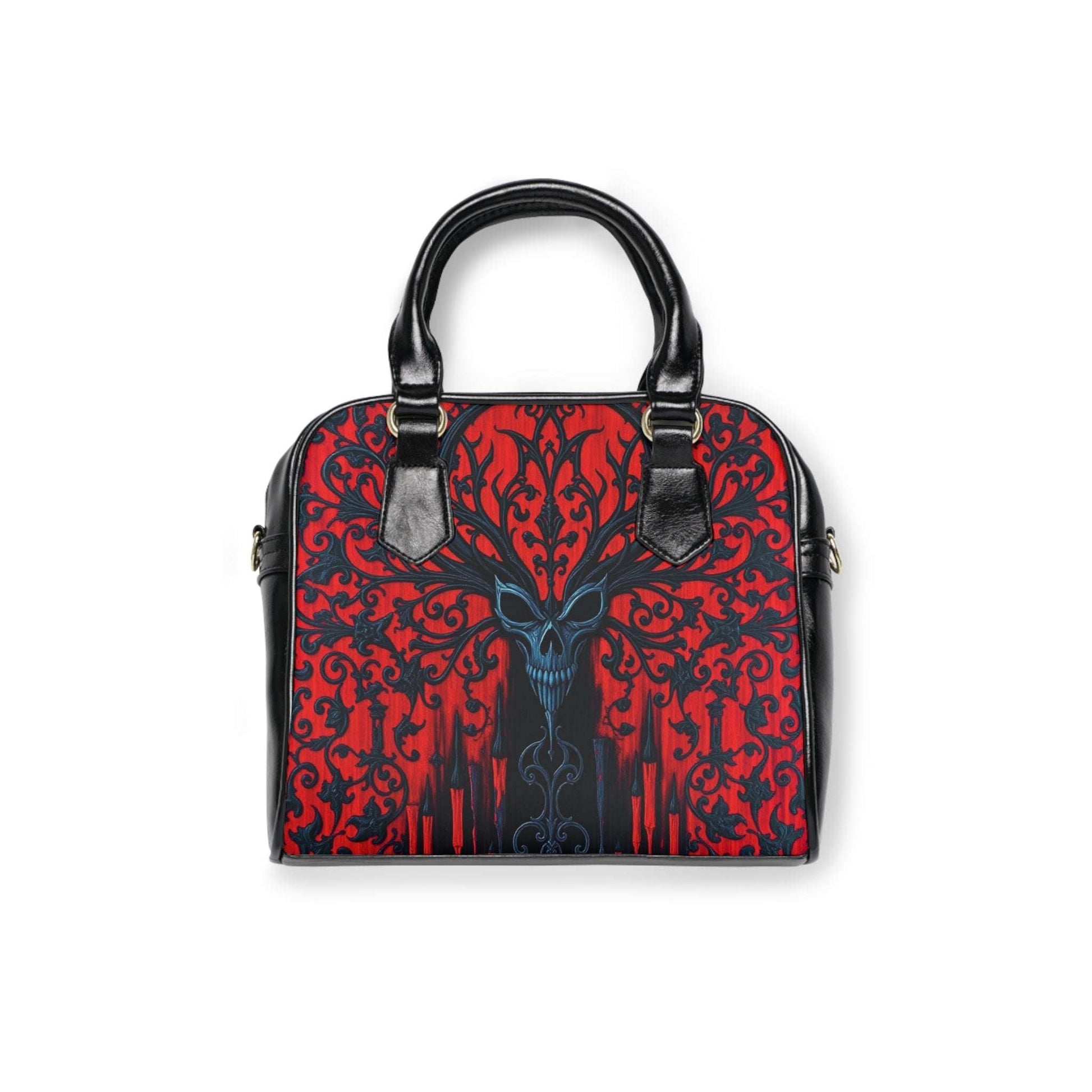 Crimson Glyph: Shadow Skull Shoulder Bag features intricate crimson designs and a gothic skull pattern for a darkly stylish look.
