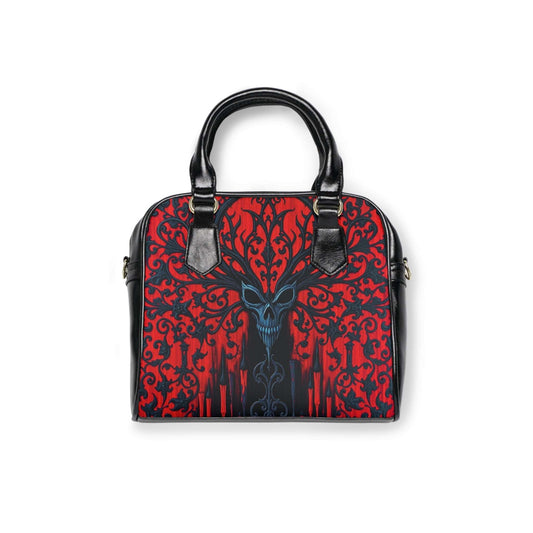 Crimson Glyph: Shadow Skull Shoulder Bag features intricate crimson designs and a gothic skull pattern for a darkly stylish look.