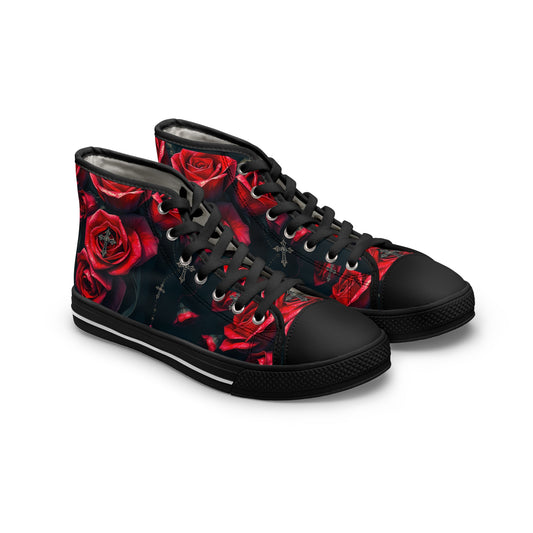 Step into style with Dark Romance Blooms: Red Roses Gothic High Top Sneakers, a perfect blend of gothic art and modern flair.