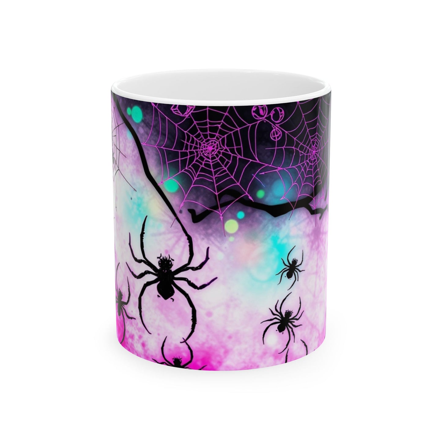 Arachnid Web Shadow Ceramic Mug features intricate spider webs and shadowy arachnids on a vibrant backdrop.