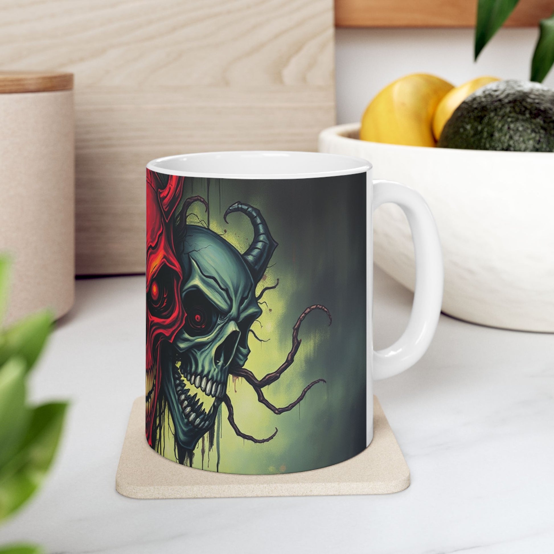 Stylish Infernal Trinity Skull Ceramic Mug featuring three detailed skulls, perfect for a bold coffee experience.