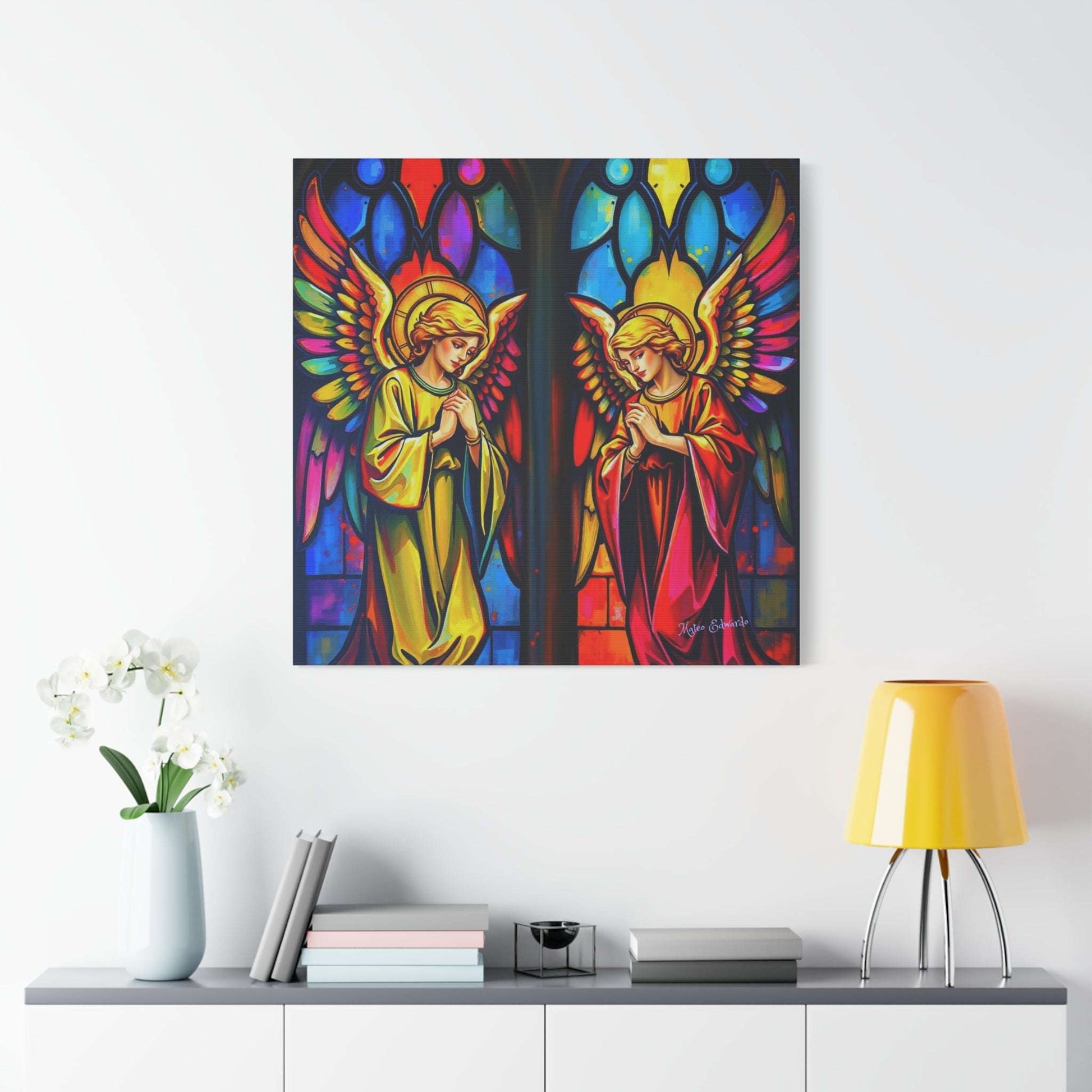 Dual Angelic Reverence Stained Glass Gothic Art showcases two angels in reverent poses, vibrant colors enhancing serenity.