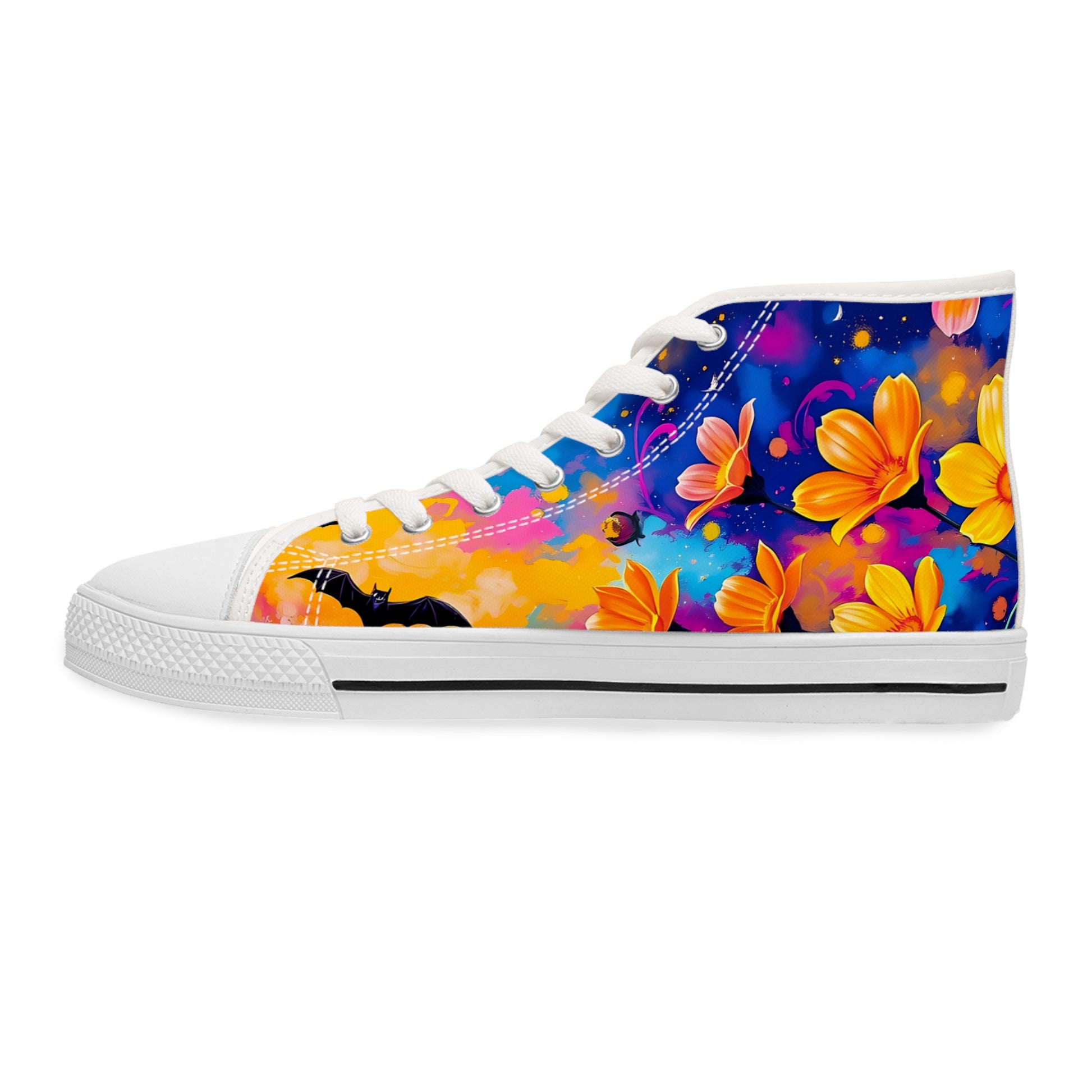 Stylish Midnight Floral & Bats high top canvas sneakers, blending Gothic art with contemporary fashion.