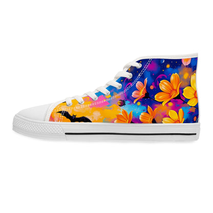 Stylish Midnight Floral & Bats high top canvas sneakers, blending Gothic art with contemporary fashion.