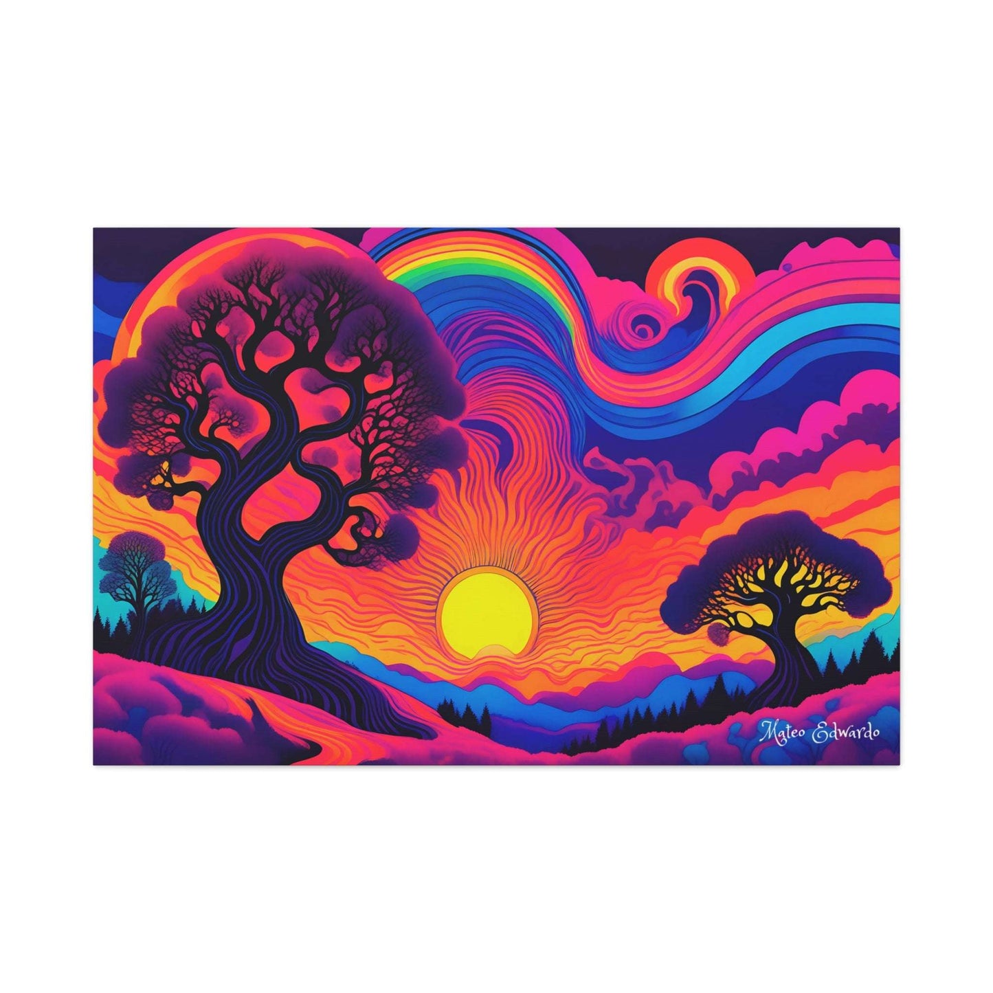 Vibrant Twilight Trees Psychedelic Gothic Canvas Art featuring silhouetted trees and a surreal sunset backdrop.