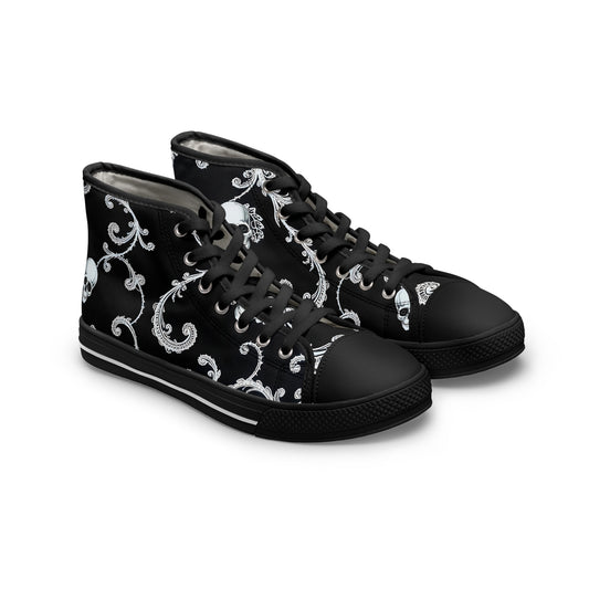 Baroque Skull Swirl Women's High-Top Sneakers feature a striking skull and swirl design for gothic elegance.