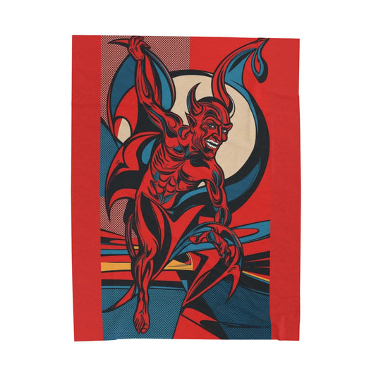 Cozy up with The Trickster: Surreal Devil Velveteen Blanket, featuring a vibrant devil design on a bold red backdrop.