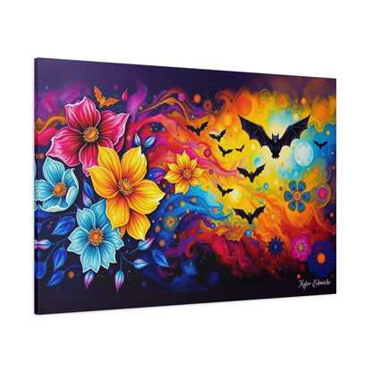 Vibrant Spectral Flight canvas art with bats and floral designs, perfect for transforming any space.