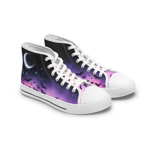 Stylish Moonlit Bats Women's High-Top Sneakers feature a crescent moon and bats, perfect for gothic art lovers.