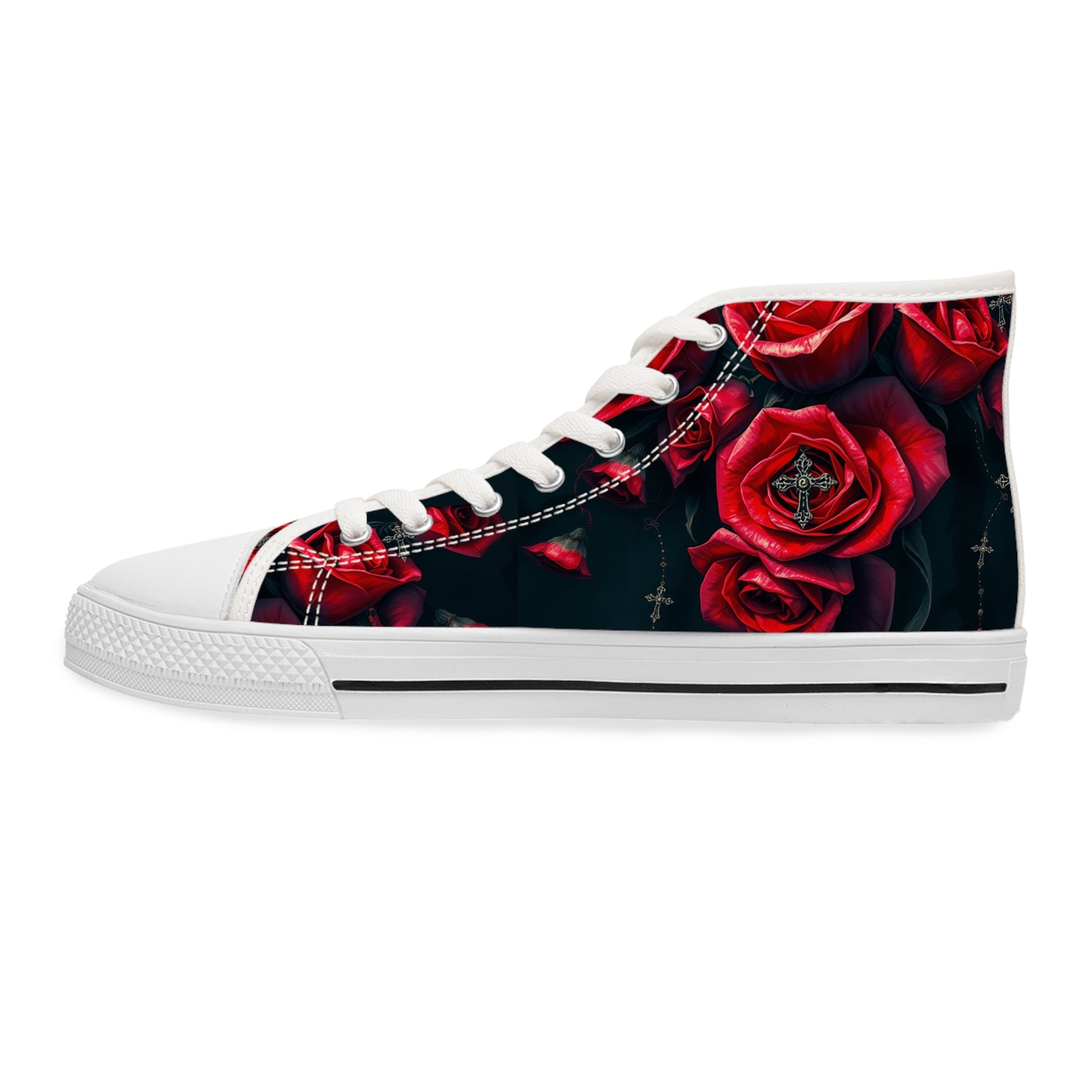 Dark Romance Blooms: Red Roses Gothic High Top Sneakers showcase striking red roses against a dark background. Perfect for gothic style.