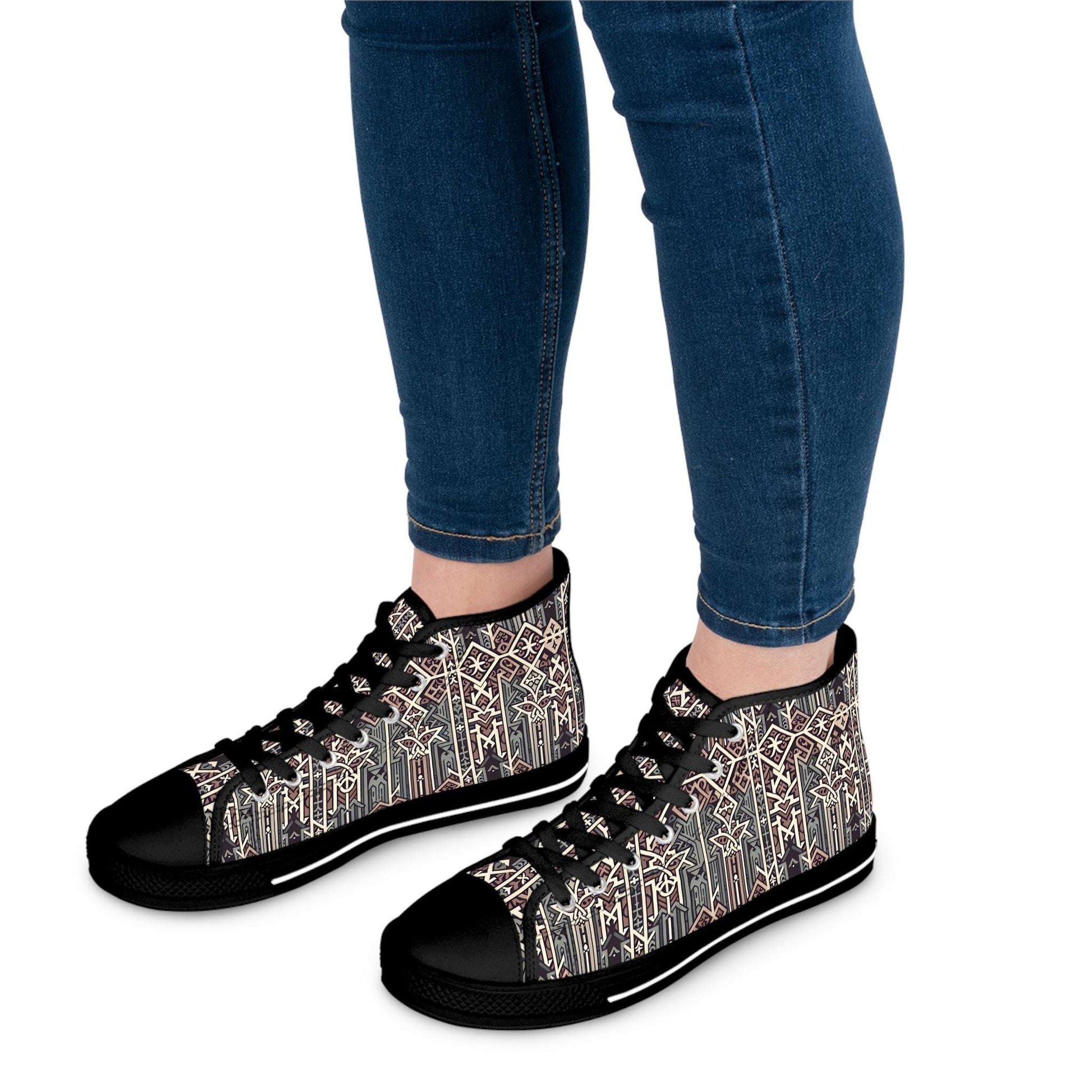 Stylish Gothic Glyphs Shadow Weaver Women's High-Top Canvas Sneakers showcase intricate gothic designs for unique flair.