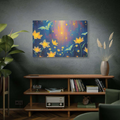 Transform your space with Nocturnal Garden Stretched Canvas Art, featuring luminous flowers and ethereal bats.