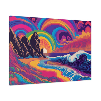 Vibrant Shoreline Spectrum Psychedelic Gothic Canvas Art captures a stunning beach scene in surreal colors.