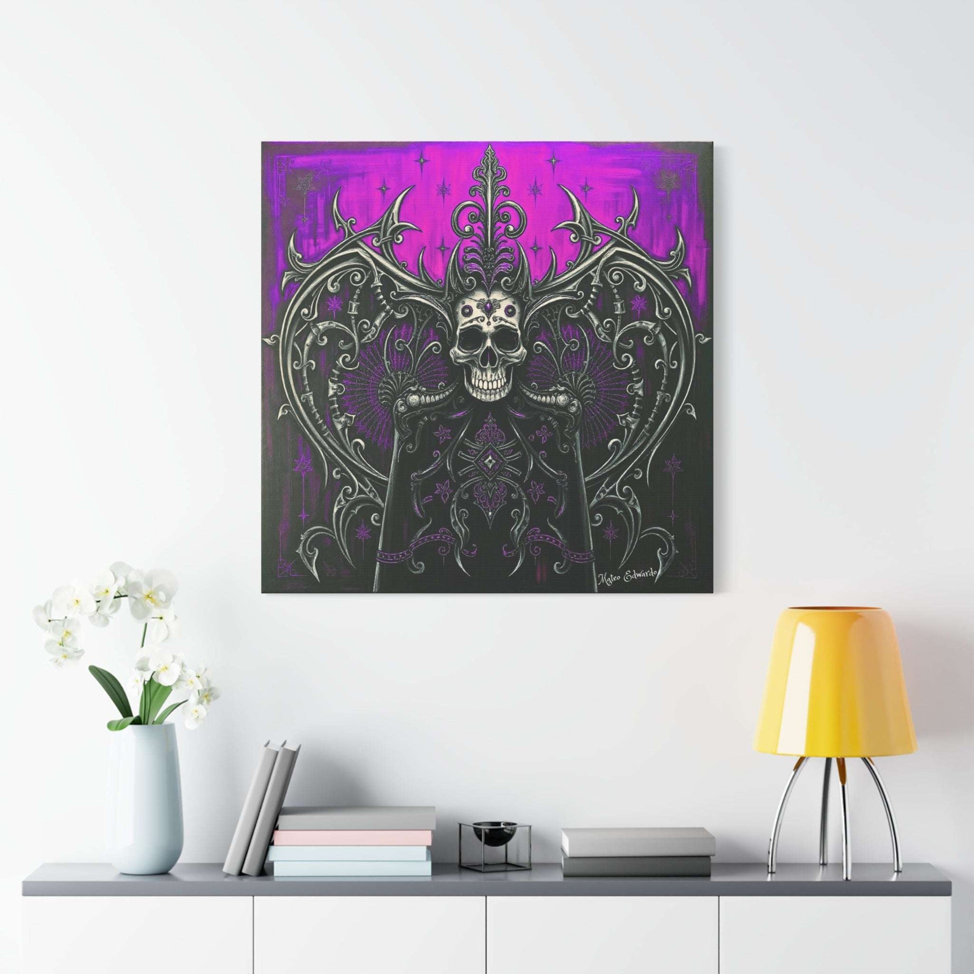 Crowned Skull Sovereign Modern Gothic Art showcases a regal skull with intricate filigree on a vibrant backdrop.