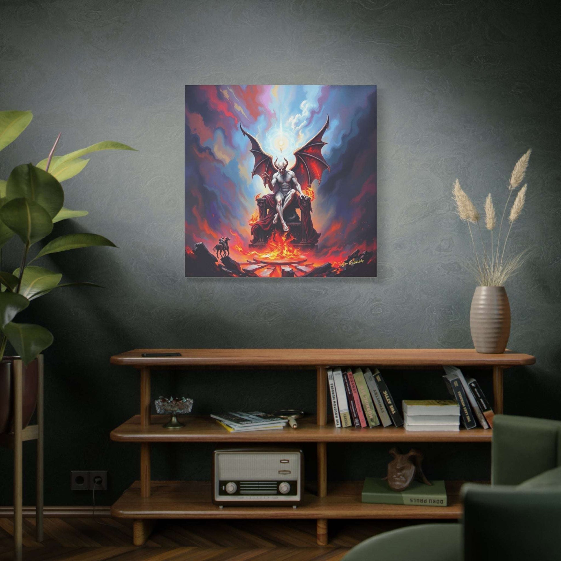 Dramatic Astral Despot: Luminary Descent Gothic Art shows a demonic lord on a throne with bat-like wings, enhancing any decor.