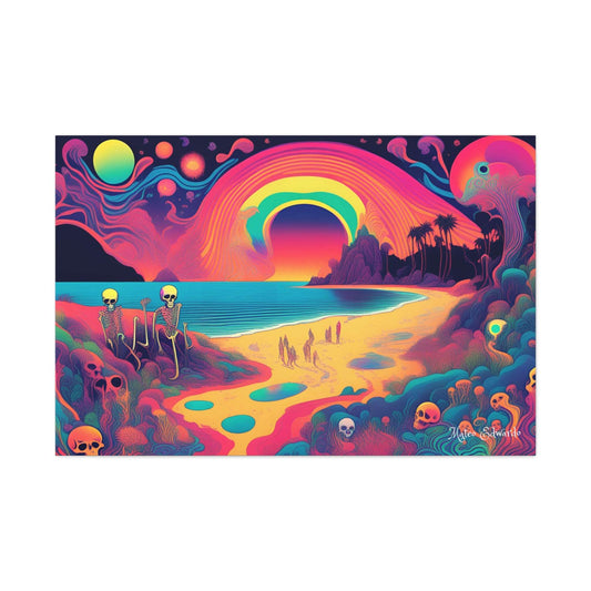 Transform your space with the Beach of Souls Pschydelic Gothic Canvas Art, featuring vibrant colors and skeletal figures.