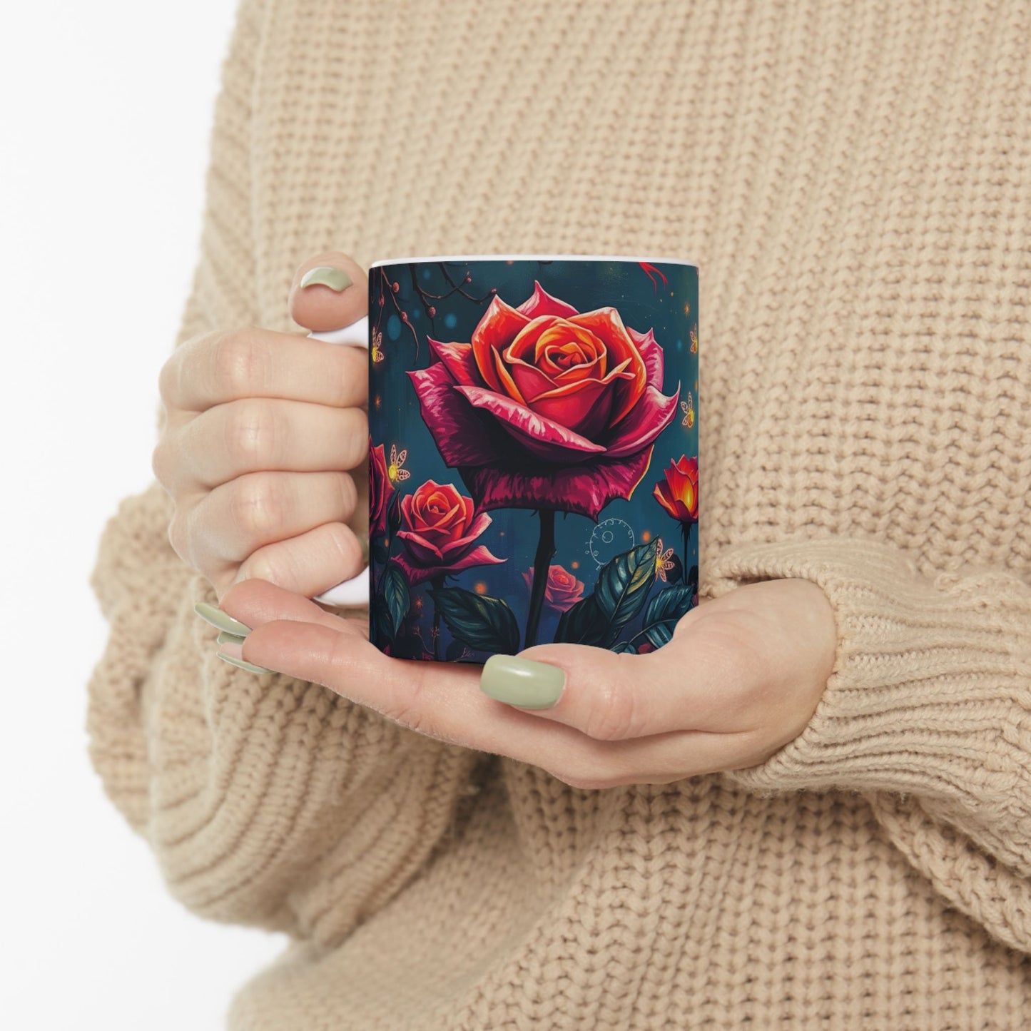 Twilight Rose Lantern Ceramic Mug held in hands, showcasing vibrant roses against a deep, enchanting backdrop.