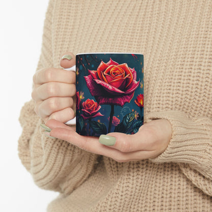 Twilight Rose Lantern Ceramic Mug held in hands, showcasing vibrant roses against a deep, enchanting backdrop.