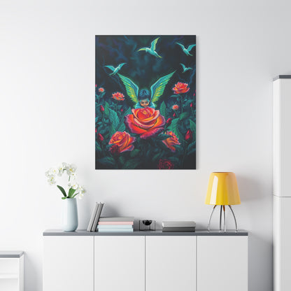 Angelic Rose Garden Canvas Art Print features a serene angel amidst vibrant roses, perfect for modern gothic home décor.