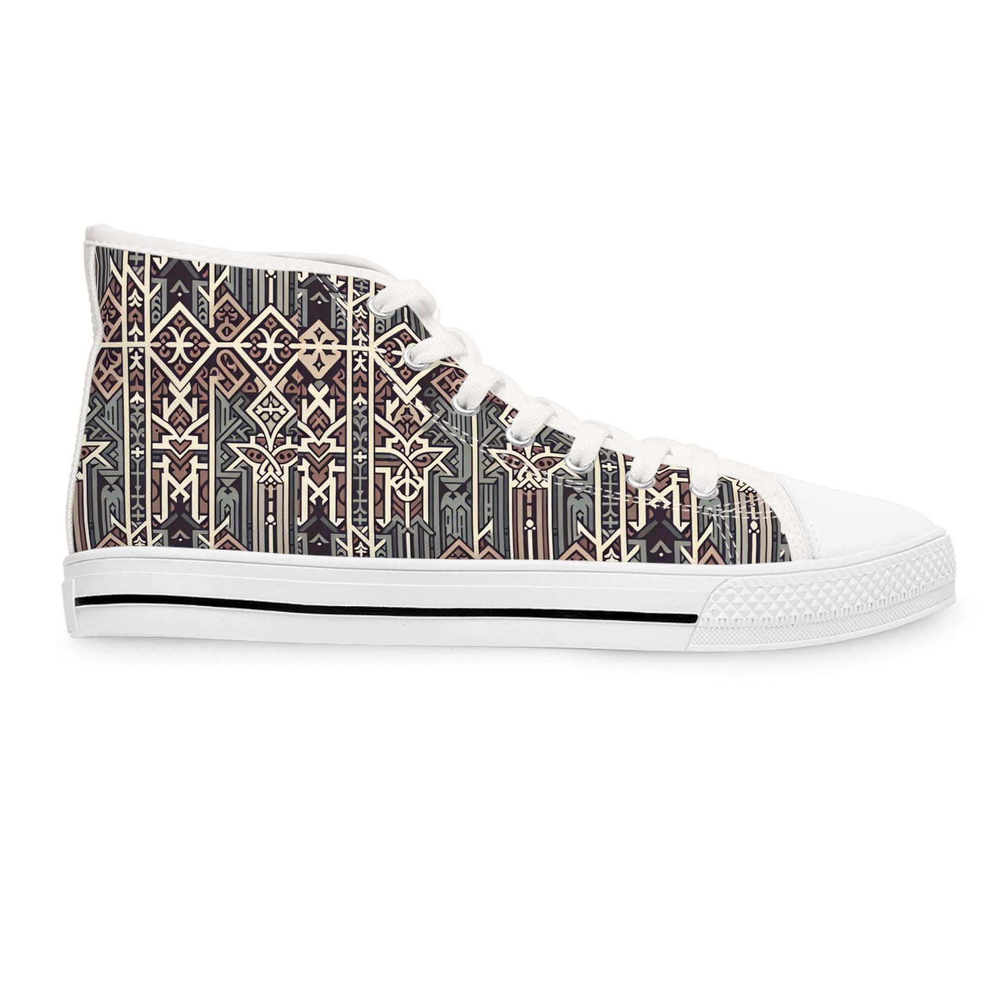 Gothic Glyphs Shadow Weaver Women's High-Top Canvas Sneakers showcase intricate gothic designs for unique style.