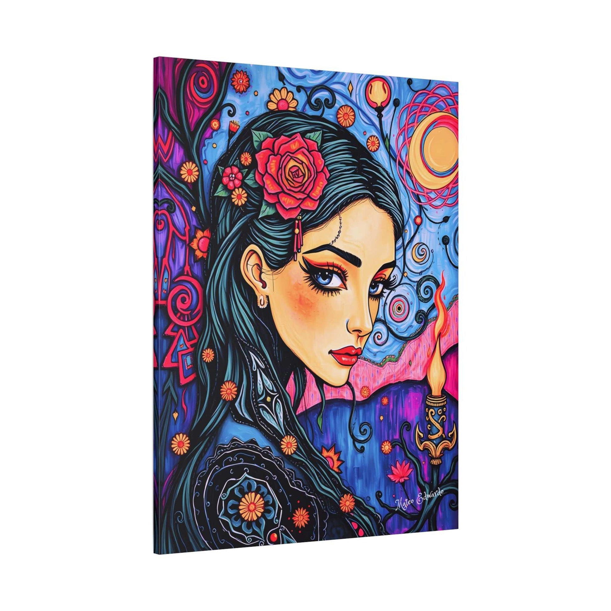 Vibrant Dream Weaver: Floral Enchantress Canvas Art features a woman's captivating gaze and surreal floral patterns.