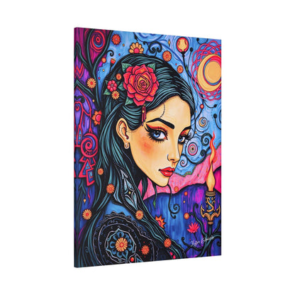 Vibrant Dream Weaver: Floral Enchantress Canvas Art features a woman's captivating gaze and surreal floral patterns.