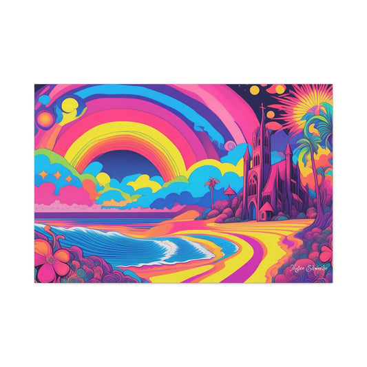 Vibrant beach scene with a gothic cathedral in the Cathedral Coast Pschyedelic Gotic Canvas Art. Perfect for any space!