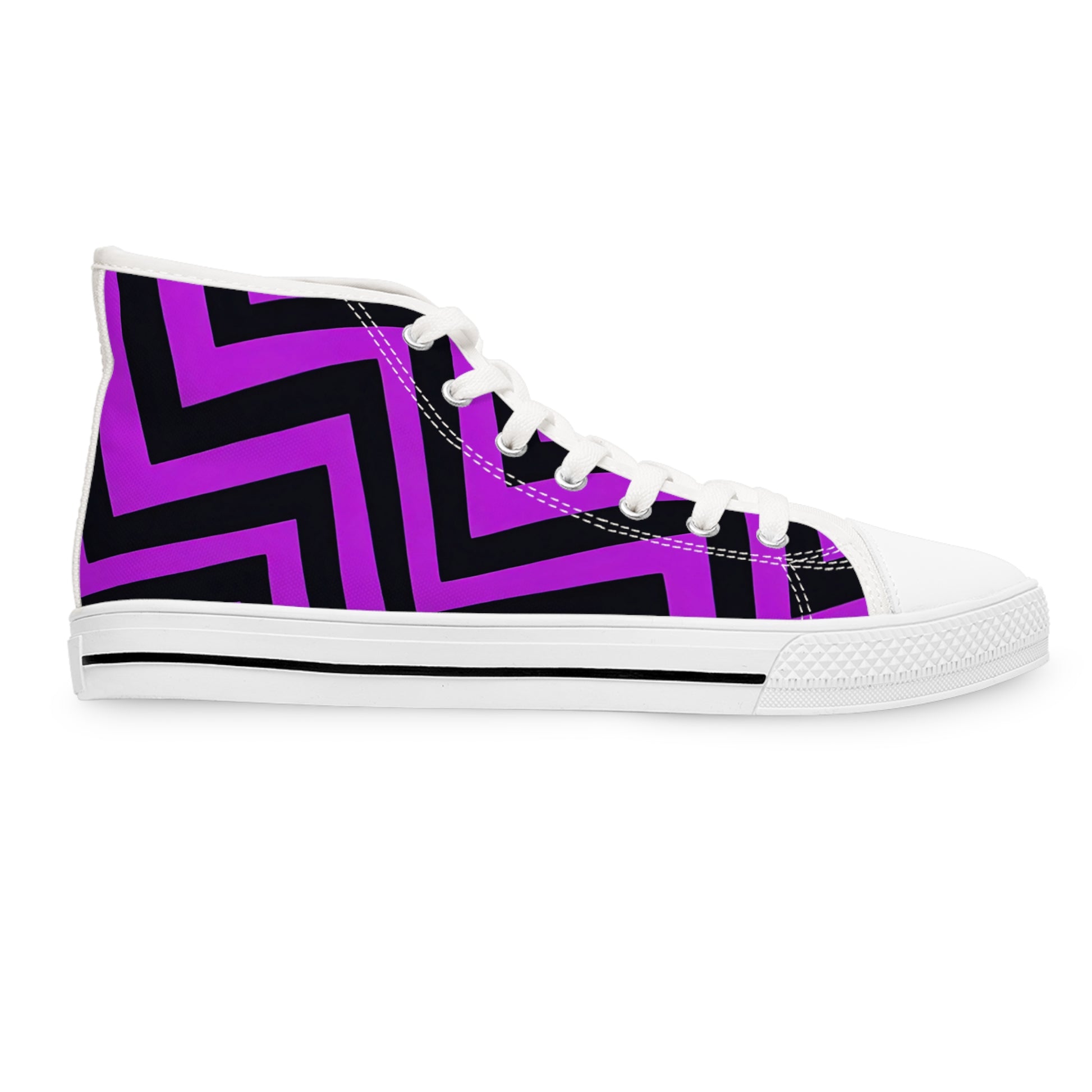 Bold Chevron Impact: Purple & Black Gothic High Top Sneakers with striking chevron design for a bold fashion statement.