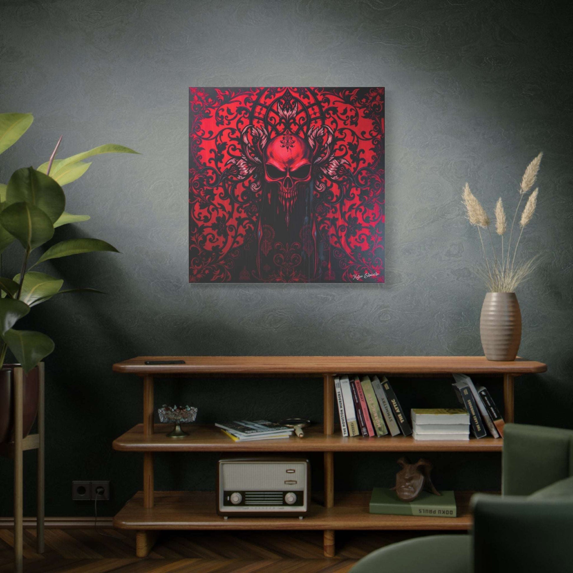 Scarlet Skull canvas art with intricate onyx filigree, perfect for modern gothic decor. Captivating and vibrant design.