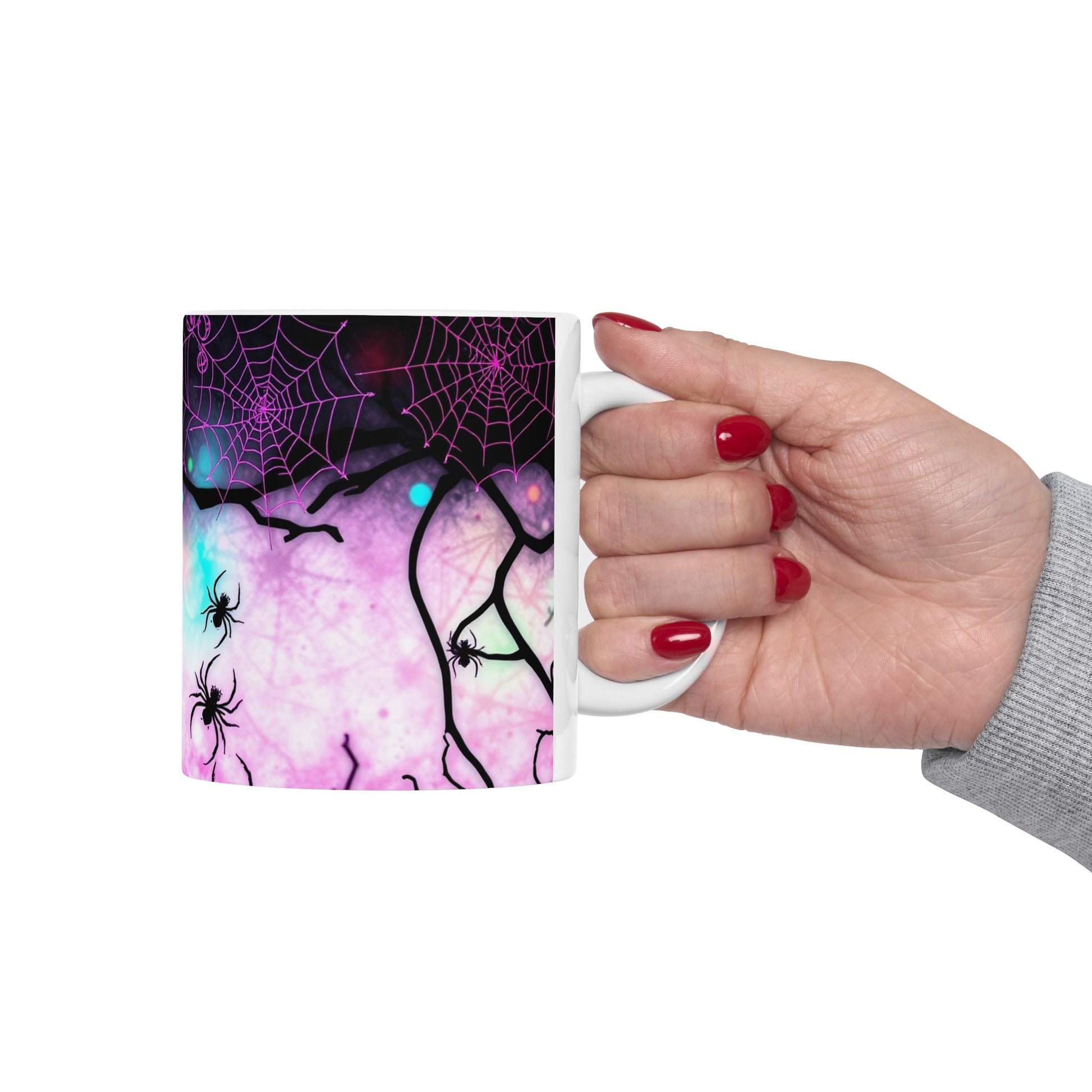 Stylishly sip from the Arachnid Web Shadow Ceramic Mug, showcasing intricate spider webs and shadowy arachnids.