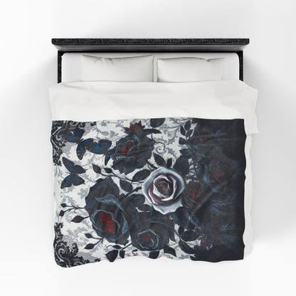 Luxuriate in the Midnight Petals: Noir Rose Velveteen Blanket, showcasing elegant noir roses and delicate butterflies.
