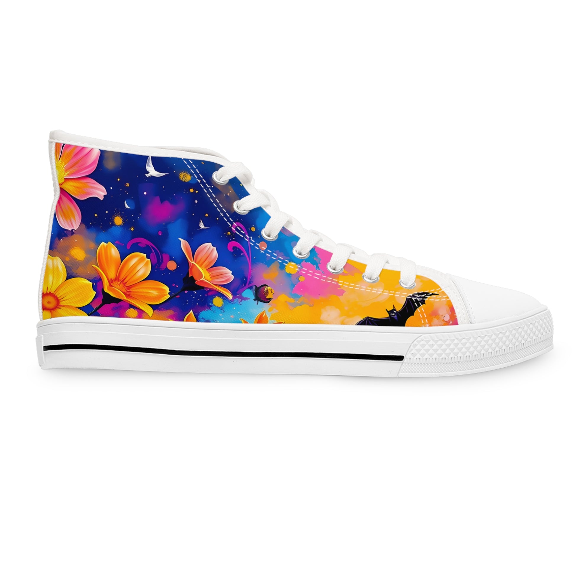 Stylish Midnight Floral & Bats women's high top canvas sneakers, blending Gothic art with modern fashion elegance.
