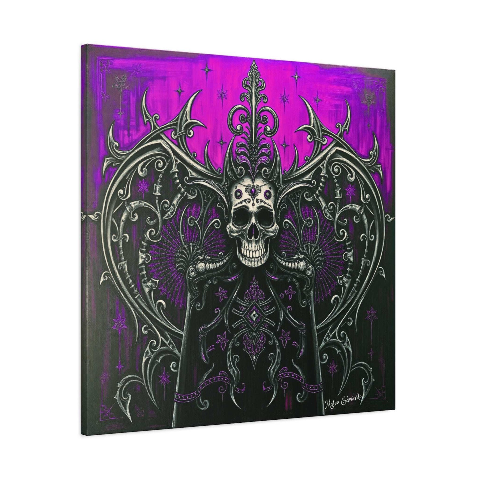 Crowned Skull Sovereign Modern Gothic Art features a regal skull with intricate filigree against a vibrant backdrop.