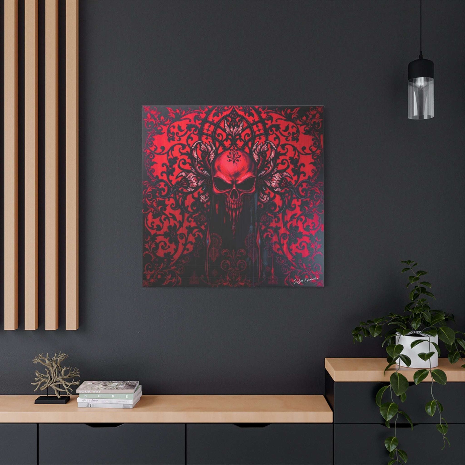 Scarlet Skull art piece with intricate onyx filigree, perfect for modern gothic decor in any space.